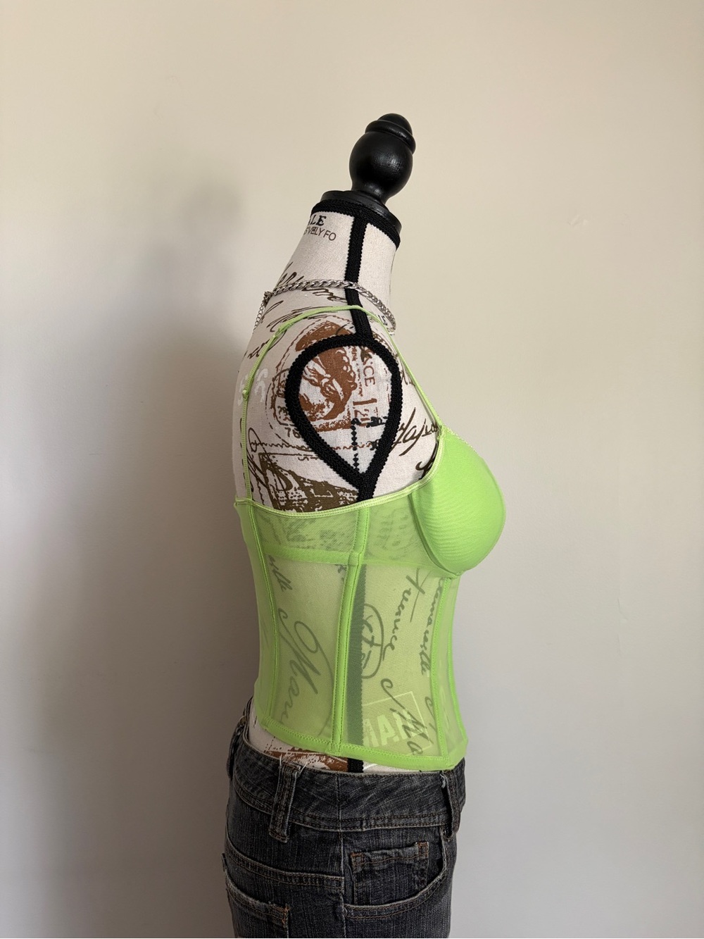 Y2K Lasenza Lime Green Cyber Coquette Baddie Corset Bustier Mesh Bra Top - Picture 4 of 16